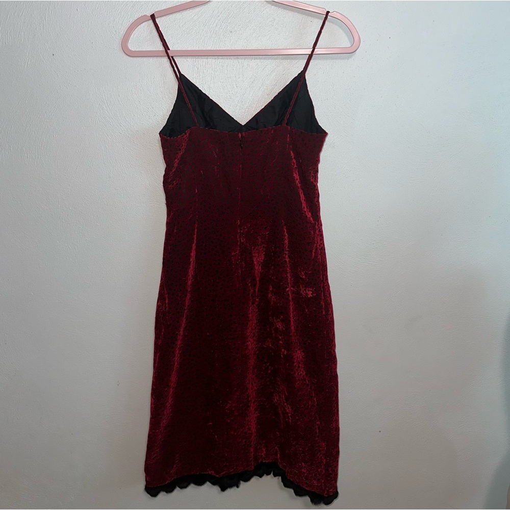 Vintage 90s Nicole Miller Red Burnout Velvet Dress w/ Fur Trim - Picture 8 of 15